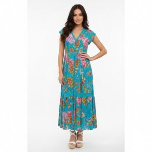 Jaase Maxi Dress Womens XS Blue Floral Smocked Crochet Trim Boho Tiered Coquette